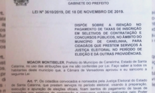 Canelinha aprova lei que disponibiliza isenção de pagamento em inscrição de concurso público