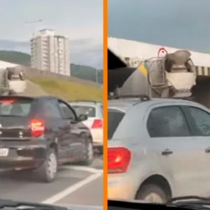 Motorista não respeita sinalização e caminhão fica preso em viaduto