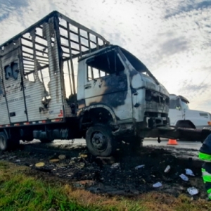EM TIJUCAS - Incêndio deixa caminhão destruído na BR-101