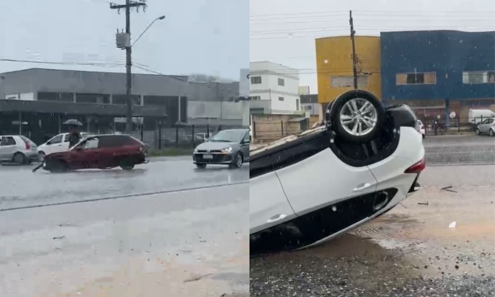 Acidente em trevo resulta em capotamento; Duas pessoas levadas ao hospital