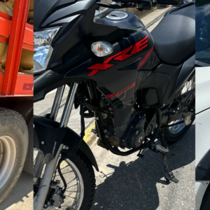Acidente envolvendo moto, caminhonete e caminhão deixa motociclista ferido
