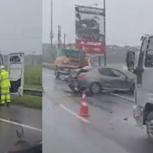Acidente entre carro e caminhões causa congestionamento em Itapema