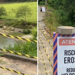 Cratera em via de acesso a bairro de Nova Trento gera alerta da Defesa Civil