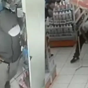 Vídeo registra assaltante em farmácia sendo contido por funcionários