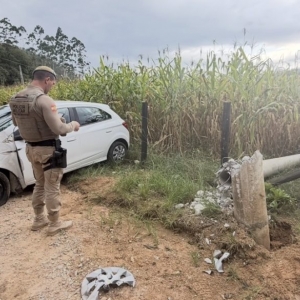 Motorista perde o controle da direção, derruba poste e escapa ileso
