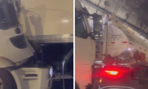 Engavetamento entre carretas bloqueia Túnel do Morro do Boi na BR-101