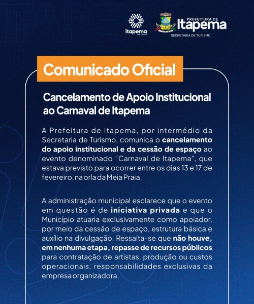 Prefeitura cancela apoio ao “Carnaval de Itapema